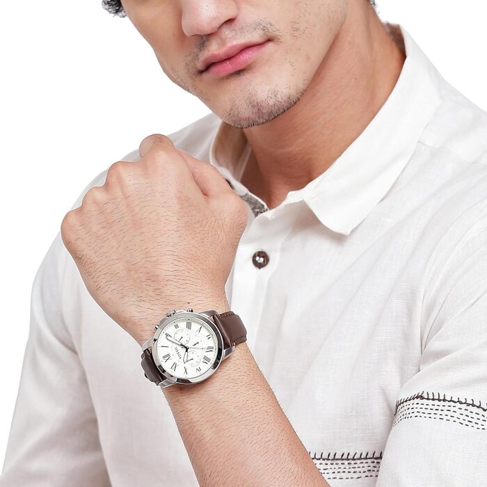 Годинник Fossil Grant для чоловіків: кварцовий хронограф, 44 мм, сталевий або шкіряний ремінець, білий та коричневий кольори