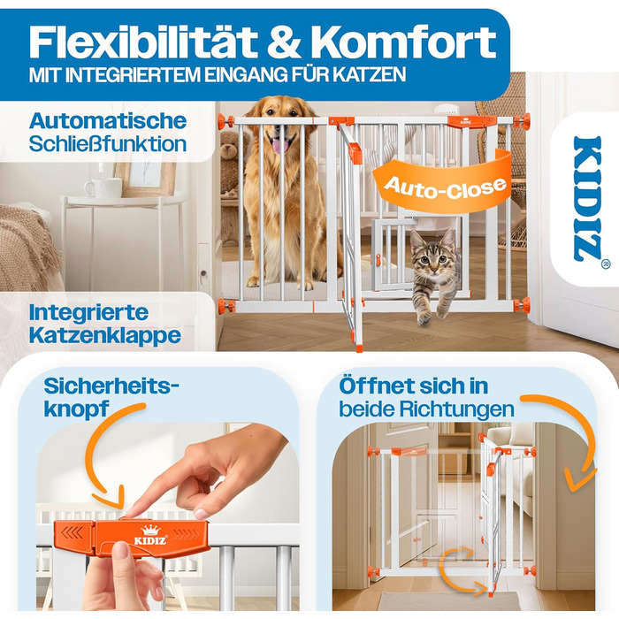 Захисне ворота KIDIZ для дітей з люком для котів, без свердління | Захист від падіння, поворотне, біле/помаранчеве, ширина 74-80 см