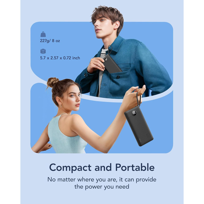 Power Bank VRURC 10000mAh з 4 кабелями, портативний акумулятор USB-C для iPhone/Huawei/Samsung, LED-дисплей, 5 виходів, чорний