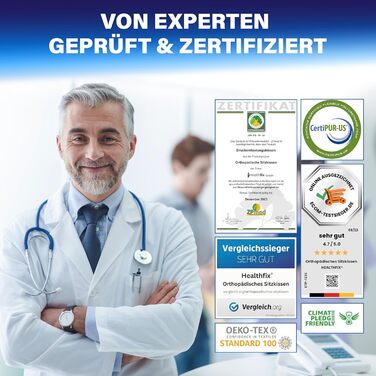 Ортопедична подушка для сидіння Healthfix® для офісу та дому - ергономічна подушка з memory foam для полегшення навантаження на куприк та кістки тазу (середня-жорстка)