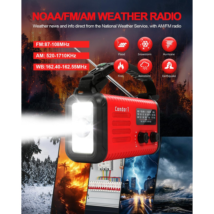Радіо Kurbelradio на сонячній енергії 20000mAh з AM/FM, SOS-сигналом, LED-ліхтариком та USB-зарядкою, червоне