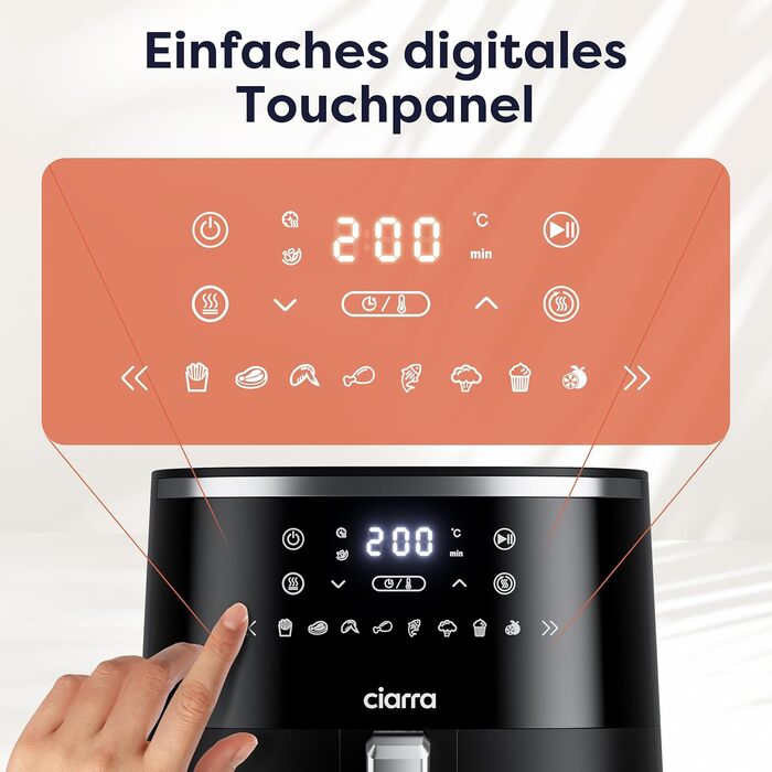 Фритюрниця без олії Ciarra CBAWAF1A AirFryer XL 5л, 1500W, 8 програм, 80-200°C, RapidAir, Touchscreen, Чорний