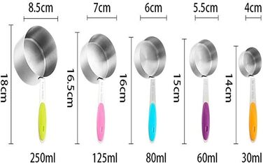 Measuring spoons, stainless steel, silicone handle, measuring spoons, measuring cup set, kitchen scale, measuring and spice spoons, measuring spoon set (multicolored, 10 pieces) (multicolored measuring cups, 5 pieces)