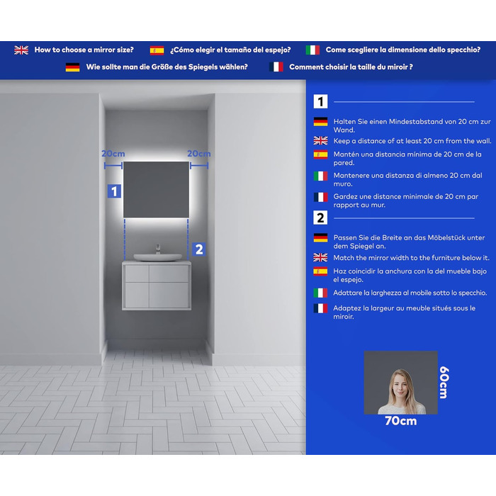 Дзеркало для ванної кімнати Artforma з підсвічуванням, 120x70 см, без рами, сучасний дизайн, індивідуальне замовлення