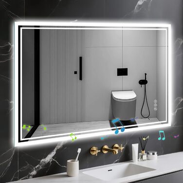 Дзеркало для ванної кімнати з підсвічуванням LED, антизапар, сенсорне управління, регулювання яскравості, 3 кольори світла, овальне, 50x70 см (Bluetooth, антизапар, 100L x 70B см)