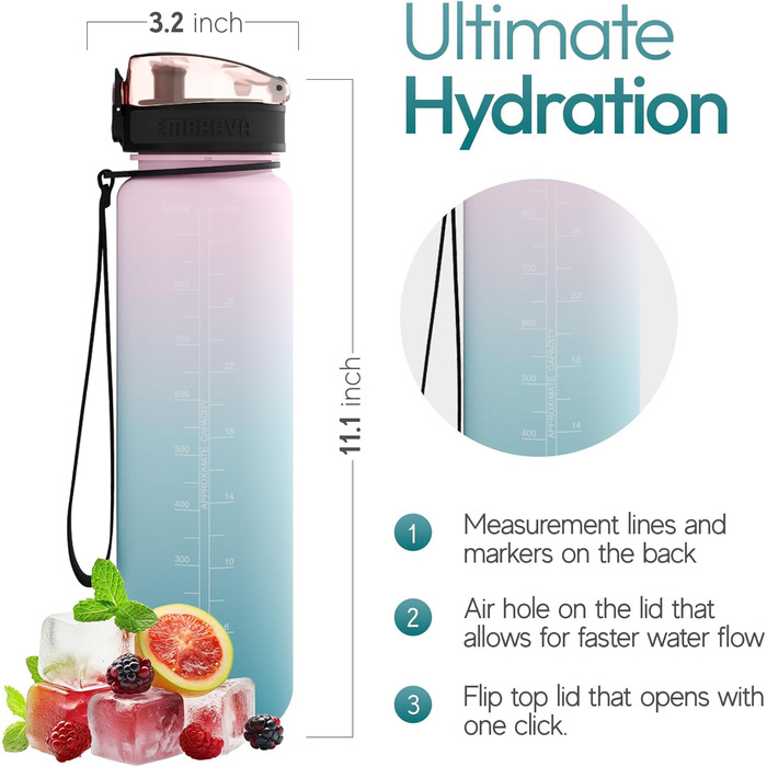 Embrava Best Sport Water Bottle - 1000ml - fast-flowing, flip-top leak-proof lid that opens with a click - non-toxic, BPA-free & eco-friendly Copolyester-Tritan plastic (Blossom Breeze)