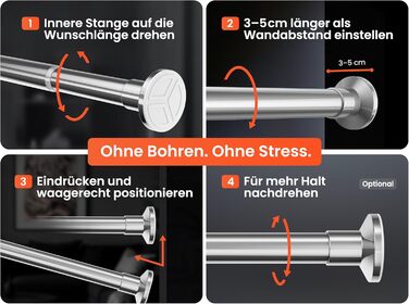 Штанга для душу без свердління 160-210 см, срібна, Ø 25 мм, телескопічна, з кріпленнями - для ванної, душової кабіни та перегородки (90-160 см, нержавіюча сталь)