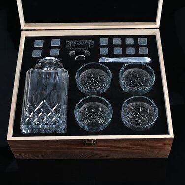 Whiskey Decanter Set, 750ml Decanter with 4 x 220ml Whiskey Glasses, 12 Stones, Beautiful Gift Box, Father's Day Gift for Men, Transparent
