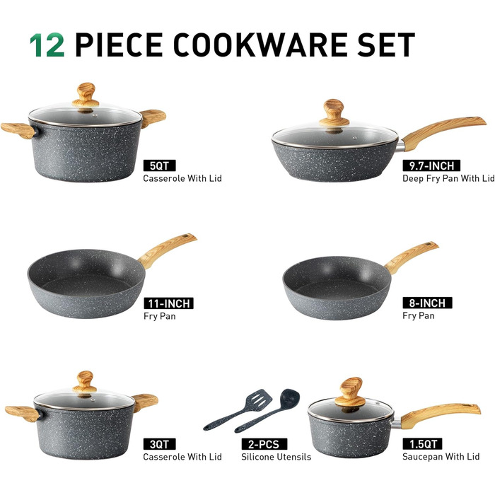 Набір посуду Kitchen Academy 12 предметів з антипригарним гранітним покриттям для індукційних плит, сірий