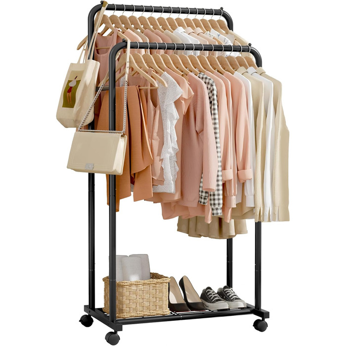 Металевий вішак для одягу на колесах - стійка для одягу з полицями, чорний