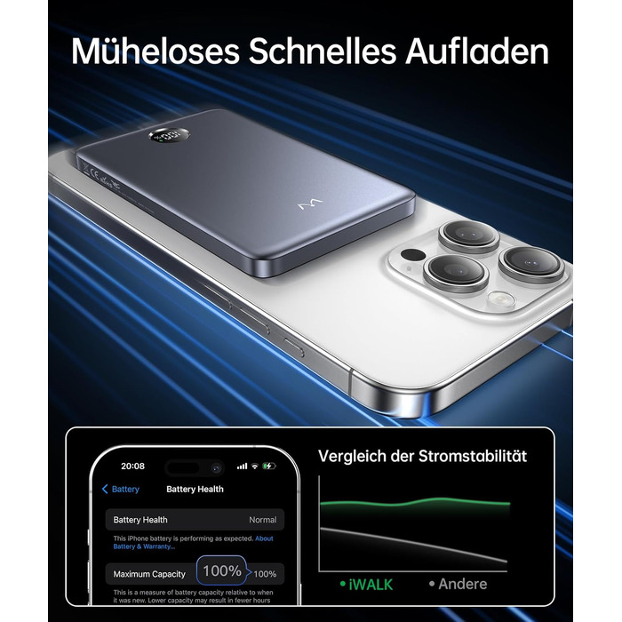iWALK Powerbank MagSafe 5000mAh з LED-дисплеєм (Сірий) - Бездротова зарядка для iPhone 17/16/15/14/13/12