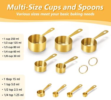 Набір мірних стаканів та ложок Cuteefun Gold, 13 предметів, нержавіюча сталь: мірний стакан 5 чашок, 8 магнітних ложок з рівнем для вимірювання сухих та рідких інгредієнтів для випічки та приготування їжі