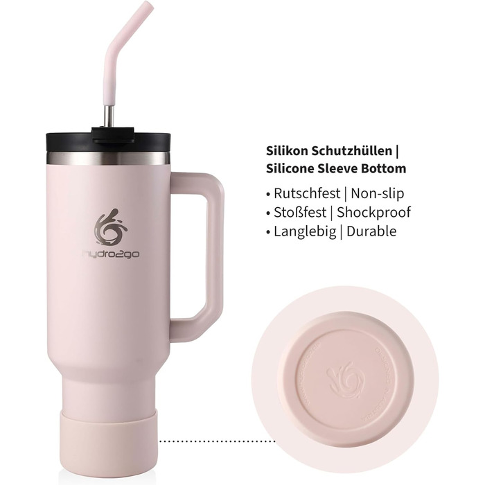 Термокружка Hydro2Go з трубочкою – BPA-free, придатна для миття в посудомийній машині, 10 годин гаряче/12 годин холодне, термокружка To-Go (1200 мл, Рожевий)