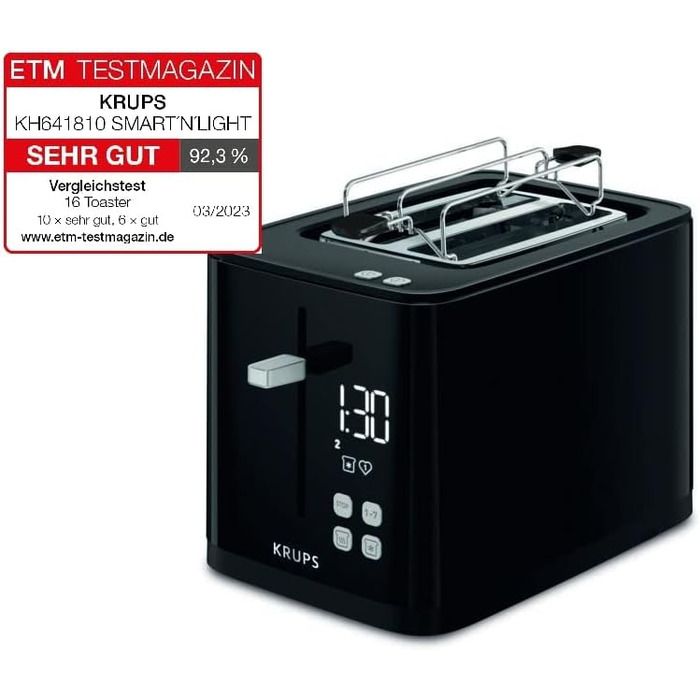 Krups KH641810 Smart'n Light Toaster | 2-Slice Toaster | Digital Display | 7 Browning Levels | Removable Crumb Tray | Countdown Timer | Lift Function | Black