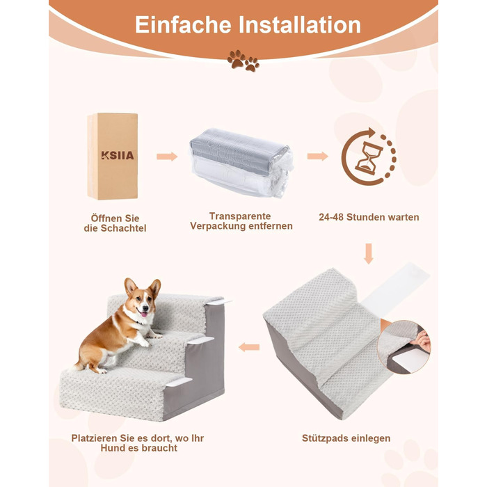 KSIIA Dog Stairs for Small Dogs 44cm High, Pet Stairs with Removable Washable Cover, Cat Stairs for Elderly Cats and Dogs, Non-Slip Dog Ramp Dog Stairs for Bed Sofa, Grey (3 steps (L45 x W38 x H33 cm))