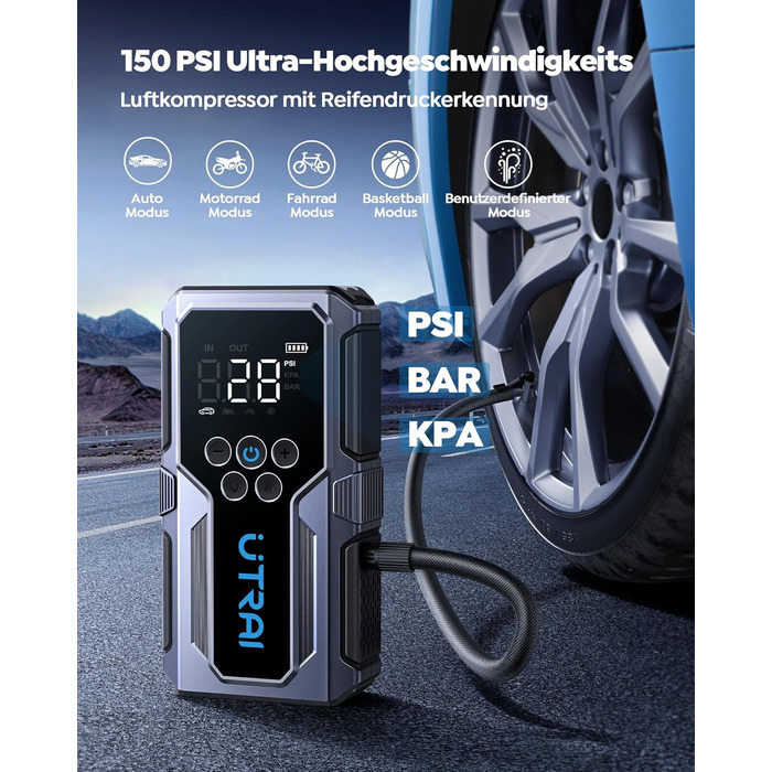 Powerbank Starthilfe UTRAI для автомобіля: 4500A, компресор 150PSI, швидка зарядка 18W, ліхтар, запуск двигуна до 8.5L бензину/6.5L дизеля