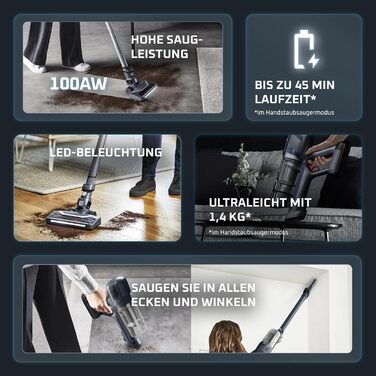 Rowenta X-Pert 6.60 акумуляторний пилосос: потужність 100W, 45 хв роботи, бездротовий, без мішка, LED-насадка, легкий, 0,55 л контейнер для сміття, насадка для щілин та кріплення на стіну, чорний/темно-сірий, RH6831EO