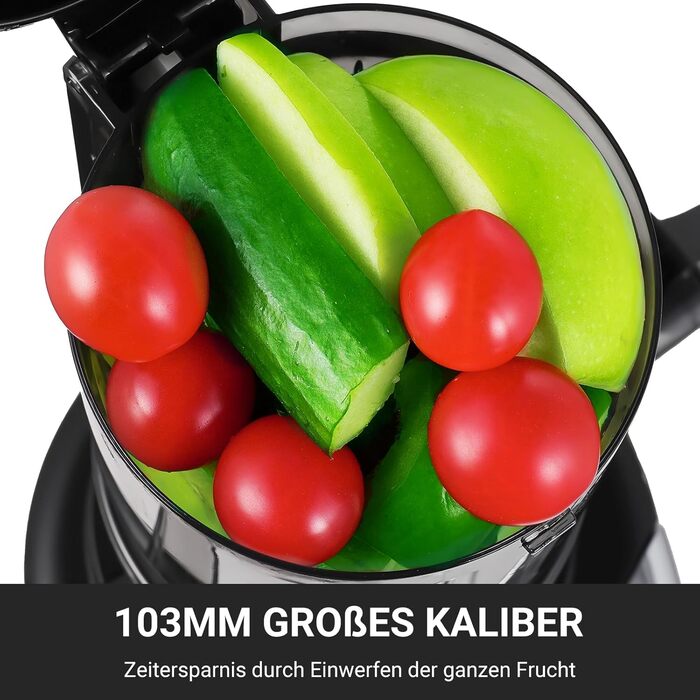 AMZCHEF Електричний соковитискач Slow Juicer 103 мм - потужність 250W, для овочів та фруктів, з 2 фільтрами, тихий двигун, функція реверсу, чорний