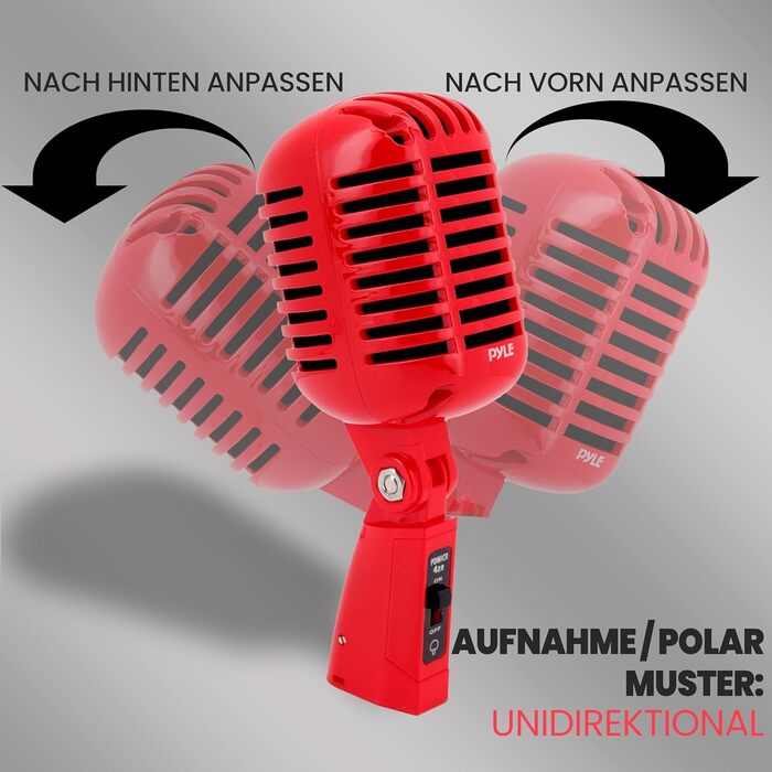 Динамічний мікрофон Pyle Vintage Style з XLR-кабелем 4.88м для живих виступів та студійних записів, червоний