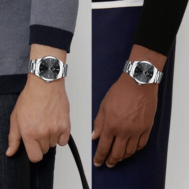 Годинник чоловічий LENQIN з нержавіючої сталі, аналоговий кварцовий годинник, водостійкий (30м), для бізнесу та повсякденного носіння, срібно-чорний (02)