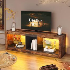 ТВ-тумба Bestier для телевізорів до 65 дюймів, 140×35×47 см, з LED-підсвіткою, кабель-менеджментом, скляною полицею, коричнева