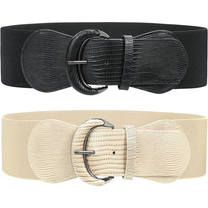 Жіночий широкий еластичний пояс JasGood 2 шт. В'язаний ремінь для суконь, штанів, джинсів. Чорний/Бежевий. Розмір M (76-90 см), L (91-105 см)