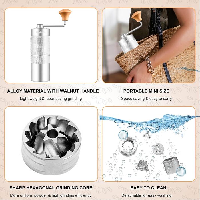 NewlukPro M6 Ручна кавомолка: 24 ступені помолу, гострий шестигранний жорно, дерев'яний ручний грифель, портативна міні-кавомолка для офісу, подорожей, кемпінгу, срібна