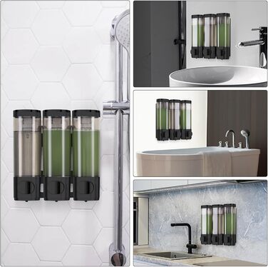 Wall-Mounted Soap Dispenser, Shampoo & Body Wash Dispenser, 3-Piece Set Soap Dispenser No Drilling, Even Liquid Dispensing, Leak-Proof. Suitable for Shampoo, Body Wash, Liquid Soap, Conditioner. (Black)
