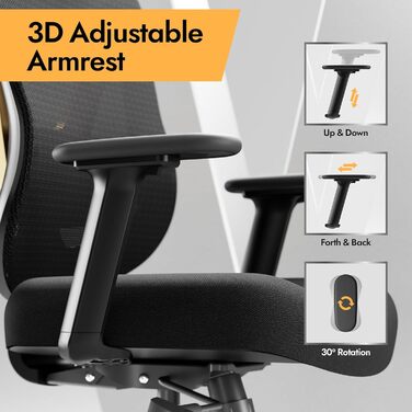 Ергономічне офісне крісло HOLLUDLE з 3D поперековою підтримкою та регульованими підлокітниками, V-подібна спинка, чорно-золоте