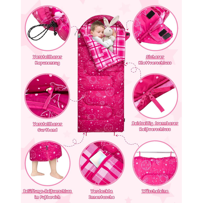 KingCamp Kids Sleeping Bag - Winter Warmth, 3-4 Season Comfort for Camping & Trekking - 170x70cm, 7°C Rating, Adjustable Length