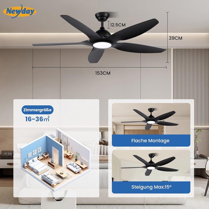 Стеляний вентилятор Newday 153см, чорний з підсвіткою та пультом, 5 лопастей, DC мотор, регулювання швидкості, таймер, для дому