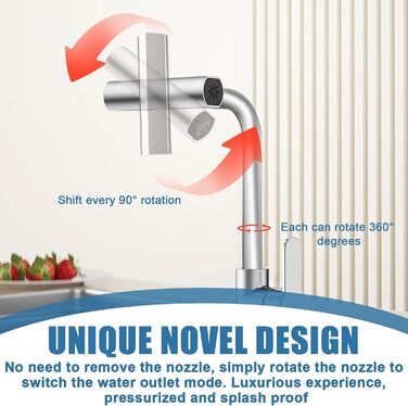 Кухонний змішувач Wasserhahn з поворотним виливом 360°, високий тиск, 4 режими струменя, з душом, з підключенням (нержавіюча сталь)