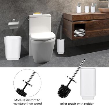 Сучасний 6-частинний набір для ванної кімнати білого кольору з дозатором для мила, тримачем для зубних щіток, мильницею, щіткою для унітазу, сміттєвим відром та склянкою з пластику та металу, білий