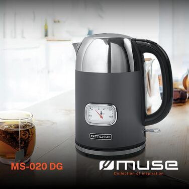 Електричний чайник зі сталі Muse Retro з аналоговим термометром, фільтром, прозорою шкалою, об'ємом 1,7 л, автоматичним відключенням, матовий золотий (MS-030 BC) (Сірий)