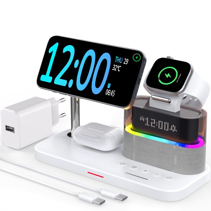 Багатофункціональна бездротова зарядка 5 в 1 з годинником для Apple iPhone, Apple Watch, AirPods (біла)