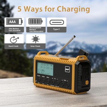 Радіоприймач Kurbelradio з DAB+/DAB/UKW, акумулятор 5000mAh, ліхтарик, аварійне радіо, USB-зарядка, FM, динамо, SOS-сигнал, для туризму та відпочинку на природі (жовтий)