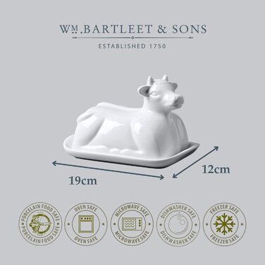 WM Bartleet & Sons 1750 Traditional Porcelain Butter Dish with Lid, Cow Design, 19 cm, White