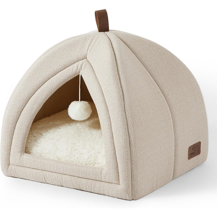 Ліжко для котів BEDSURE велике, 40x40x40 см. Будка для котів з м'якою подушкою Sherpa та іграшкою, миється, бежеве ліжечко для котів