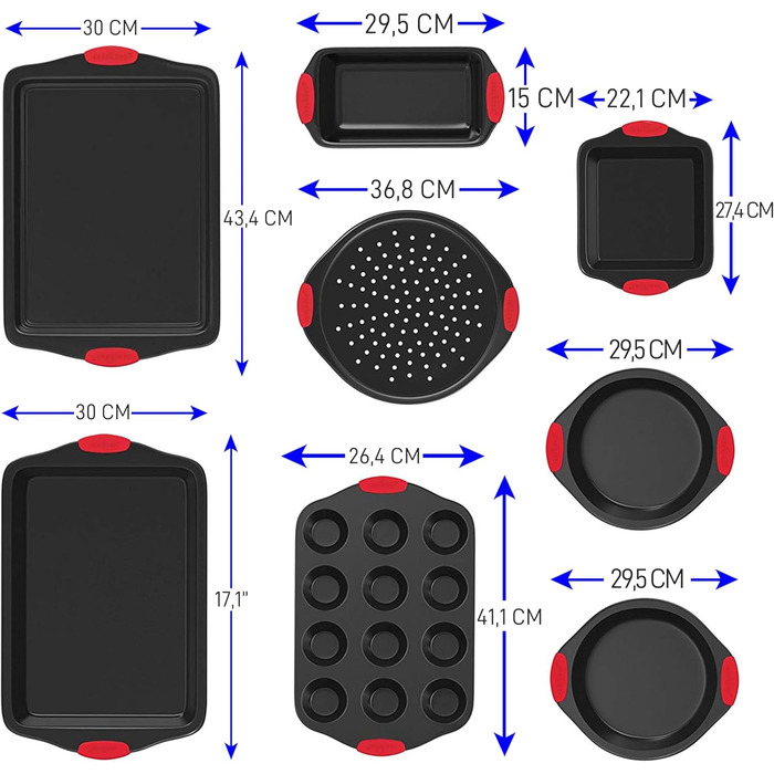Набір форм для випічки NutriChef 8 шт. з антипригарним покриттям, включає: кексова форма, форма для піци, роз'ємна форма та інше. Підходить для духовки, миється в посудомийній машині, можна складати. Без PFOA, PFOS та PTFE.