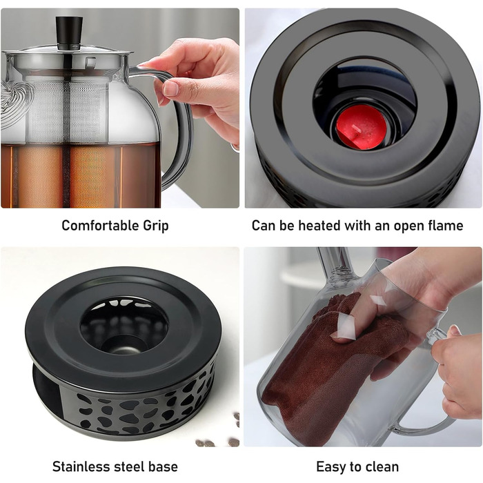 Скляний чайник для заварювання чаю 1500 мл з ситечком та підставкою-підігрівачем із нержавіючої сталі