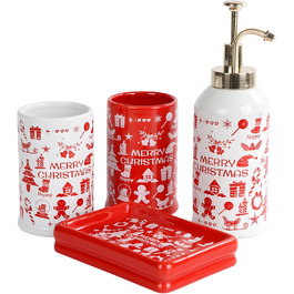 4-Piece Ceramic Bathroom Set, Artistic Line Face Bathroom Accessories Set with Soap Dispenser, Toothbrush Holder, Cup, Soap Dish, Abstract Bathroom Set for Decor, Cream (Merry Christmas)