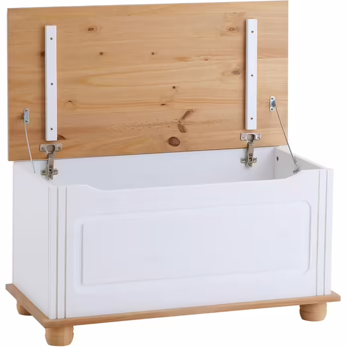 IDIMEX Chest Bench Bristol, Bench Bank Wooden Bench Trunk in Country House Style with Pinch Guard, Solid Pine, White/Brown Lacquered
