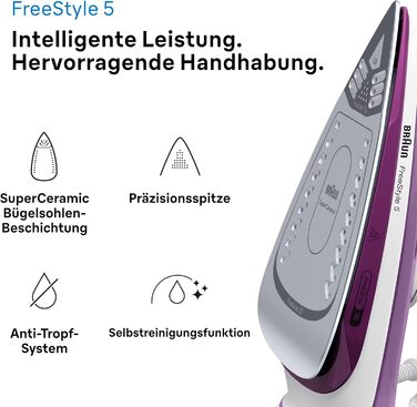 Праска з живленням від пари Braun FreeStyle 5 SI 5037 VI - потужний відпарювач з підошвою Freeglide 3D, вертикальним відпарюванням, 2700 Вт, 200 г/хв, резервуар 330 мл, фіолетовий