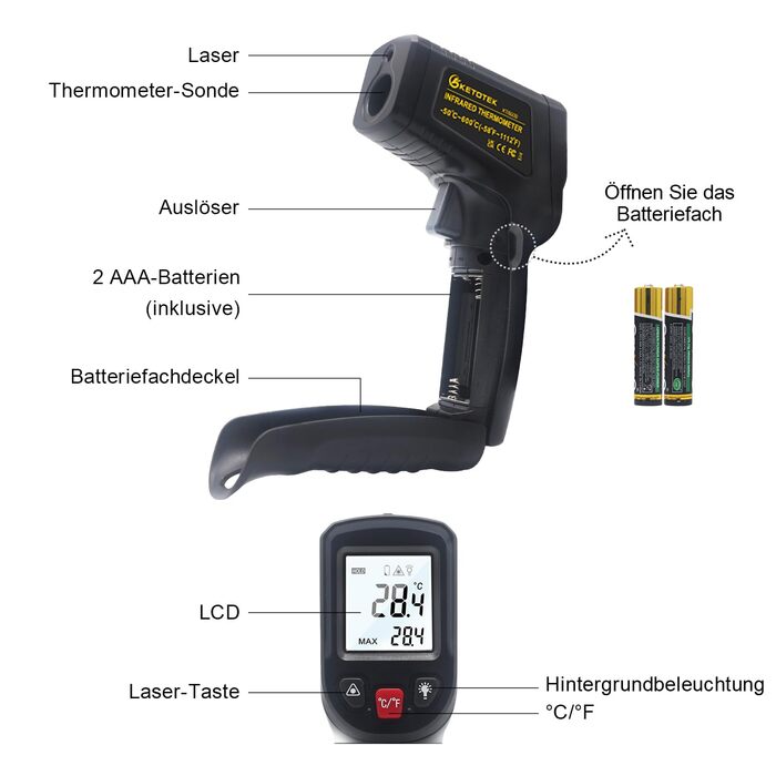 Інфрачервоний термометр KETOTEK - безконтактний вимірювач температури, -50°C до 600°C, для їжі та приготування барбекю