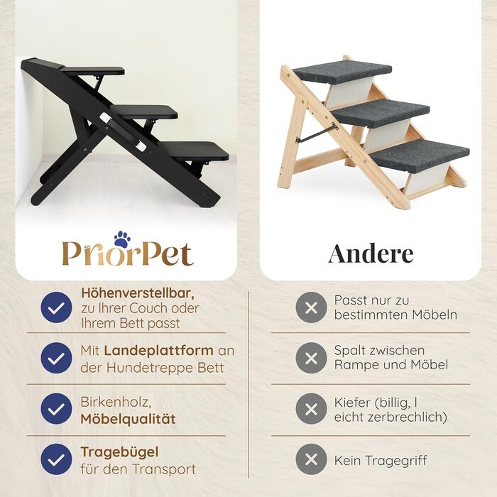 Сходинки для собак на ліжко та диван 2-в-1 - регульована рамка для собак, 18-50 см - для маленьких собак - легкі сходинки з платформою, натуральне дерево (чорний)