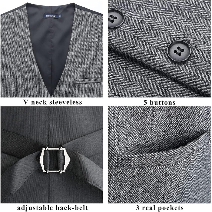 HISDERN Жилет чоловічий в клітинку Herringbone, весільний, формальний, твідовий, вовняний, класичний, базовий, сірий