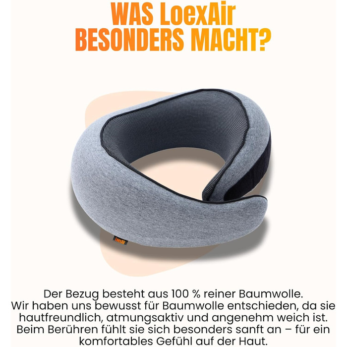 Подушка для шиї у літак, автомобіль: 100% бавовна та Memory Foam, легка та зручна, повний дорожній набір (маска для сну, беруші) - світло-сірий, класична модель