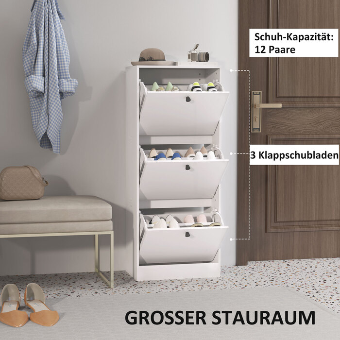 HOMCOM Shoe Cabinet with 3 Flaps, Shoe Storage Bench, Shoe Rack with Adjustable Partition, Narrow Shoe Chest for 12 Pairs of Shoes, 47 x 28 x 115 cm, White | Aosom