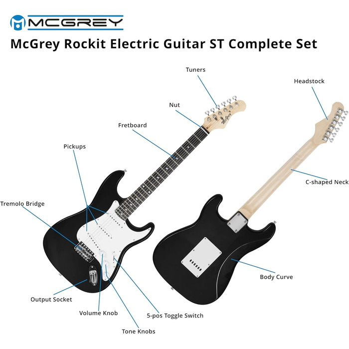 McGrey Rockit ST Комплект електрогітари (8-частинний стартовий набір: гітара, підсилювач, запасні струни, гітарний чохол, тюнер, медіатори, ремінь та гітарний кабель) (Чорний)