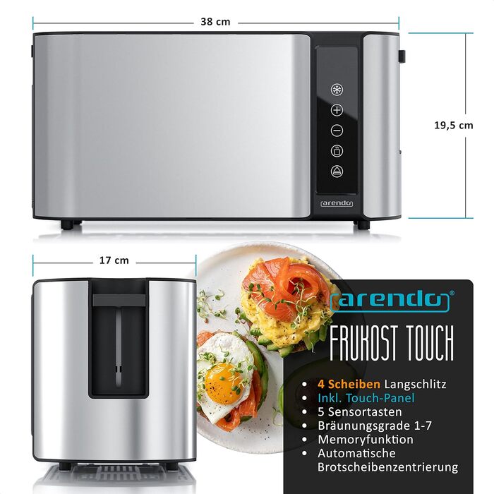 Arendo - Stainless Steel 4-Slice Long Slot Toaster - Touchscreen – Double-Walled Housing – 1500 W – Integrated Bagel Attachment – 7 Browning Levels – Bread Centering – Remaining Time Display – Memory Function C: Steelsilver